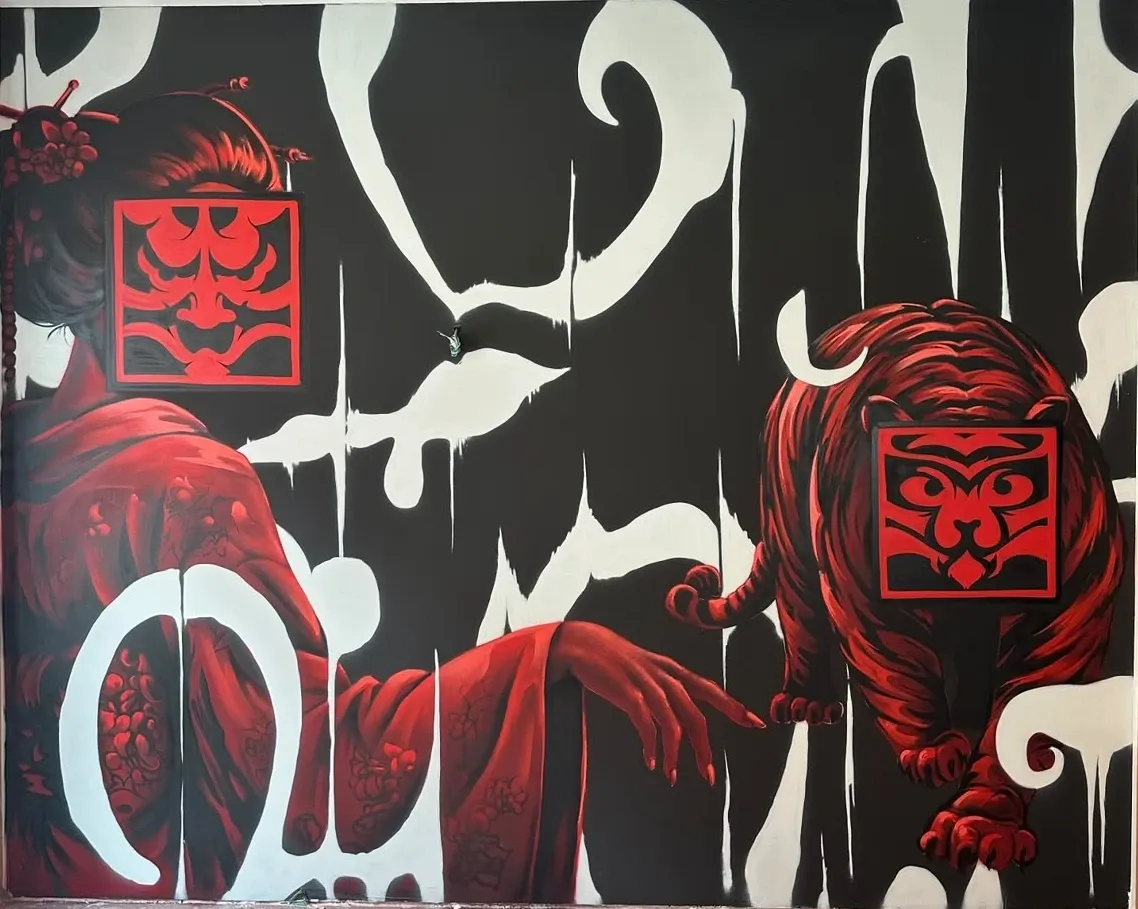 The mural inside Oso Izakaya: a geisha and a tiger in red, their faces hidden behind Oso's square masks